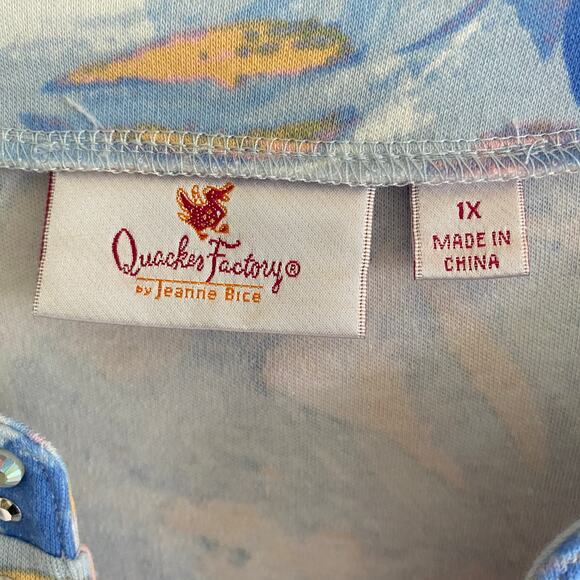 QUACKER FACTORY 1X Top Split Neck Rhinestones Abstract Artsy 3/4 Sleeves Blue - Picture 3 of 7